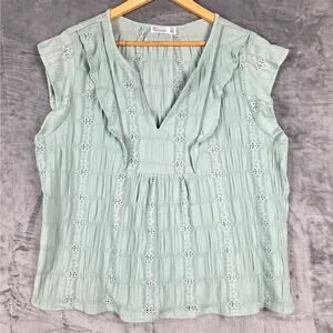 Womens Top XL Green Boho Chic Ruffles Peasant Gauze Eyelet Cottagecore Feminine‎